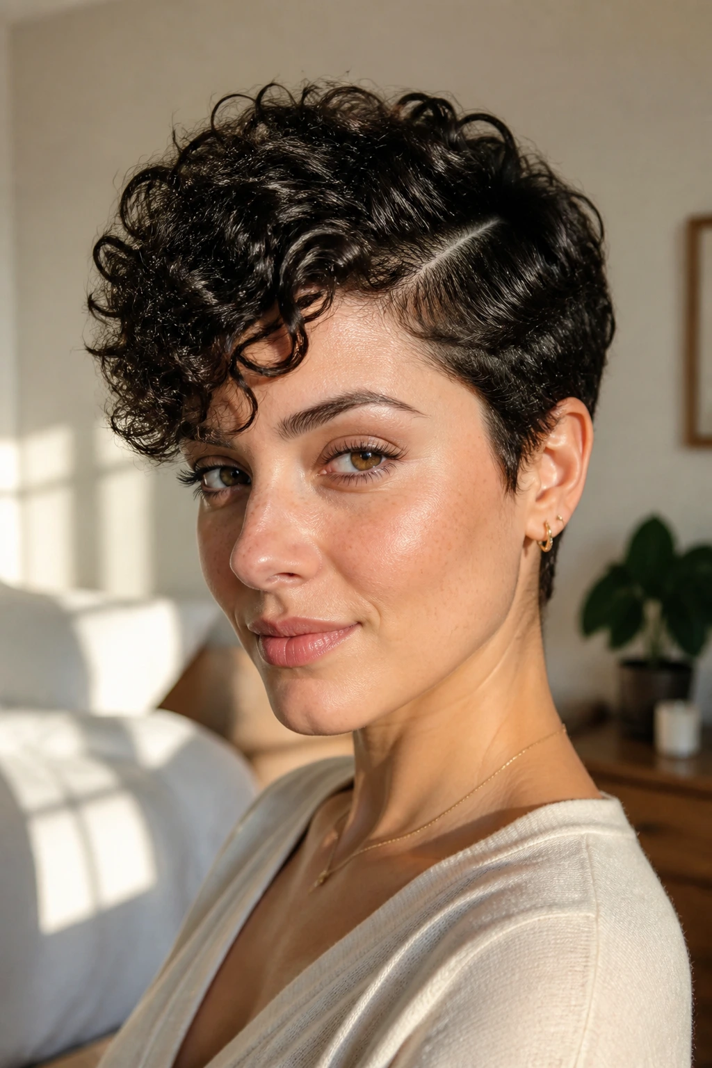 Close-up portrait of a real woman with a deep-parted curly pixie hairstyle under warm window light