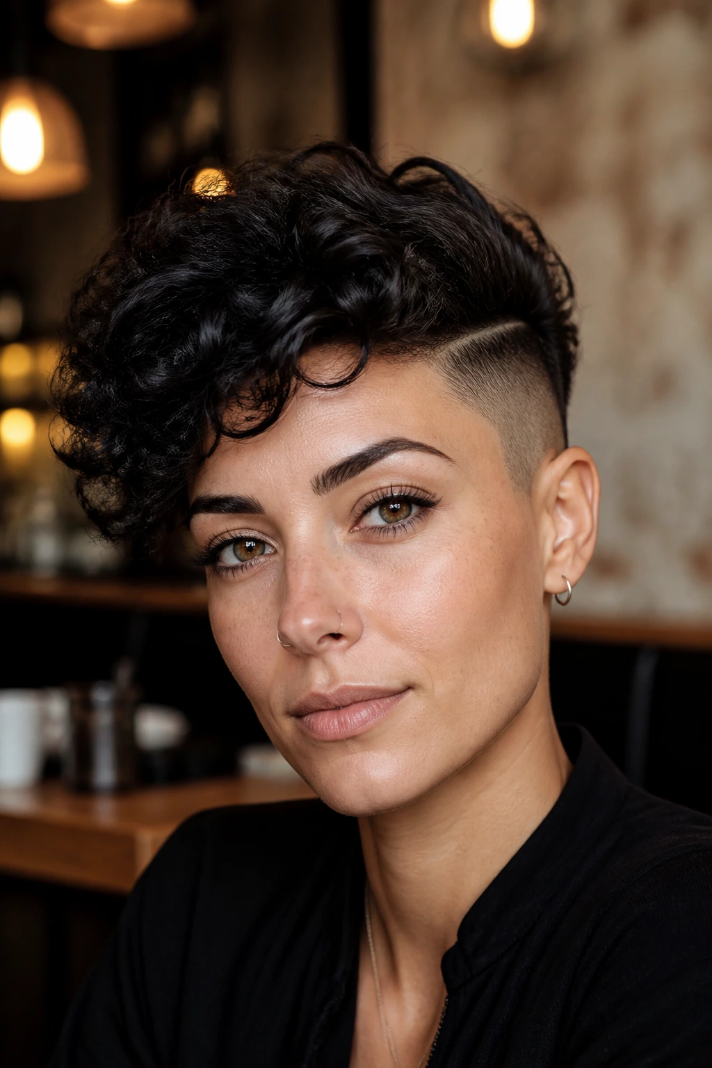 Close-up of a real person with a curly pixie and disconnected sides in a warm cafe setting.