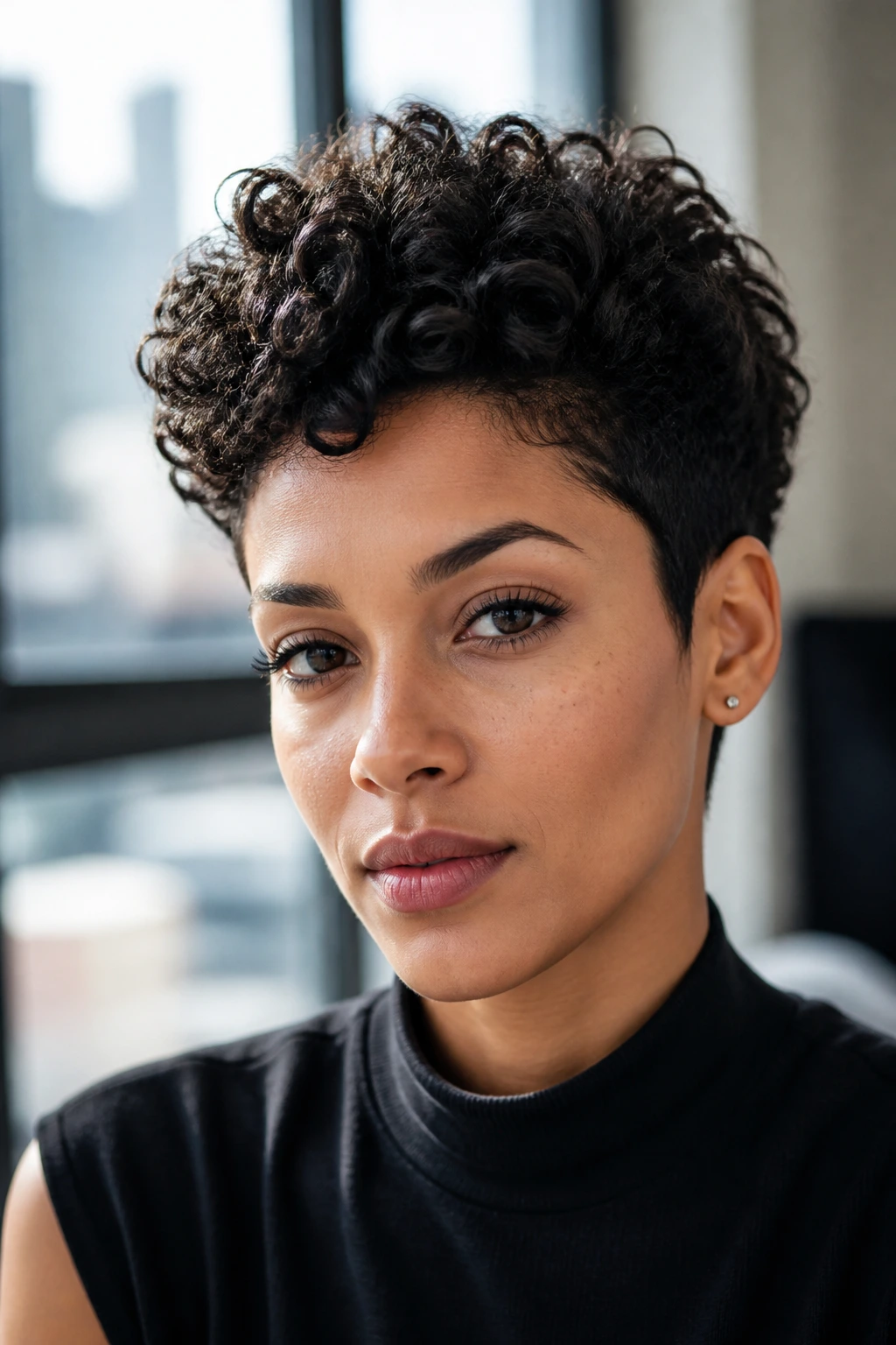 Portrait of a real person with a defined curly pixie haircut