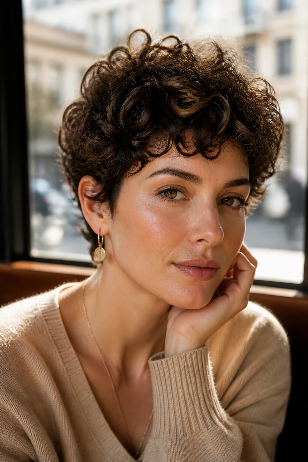 Close-up portrait of a real woman with curly pixie haircut