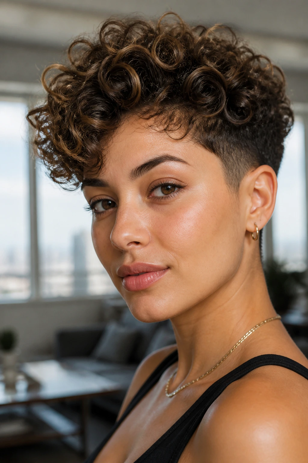 Close-up of a real person with curly pixie cut and tapered sides.