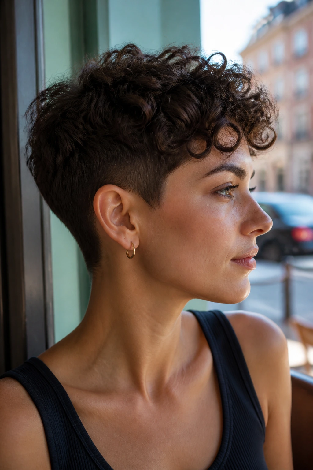 Real person with curly pixie and tapered sides.