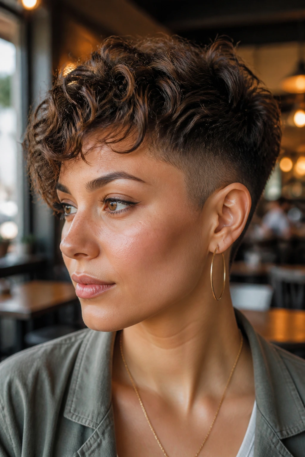 Portrait of a real person with curly pixie undercut.