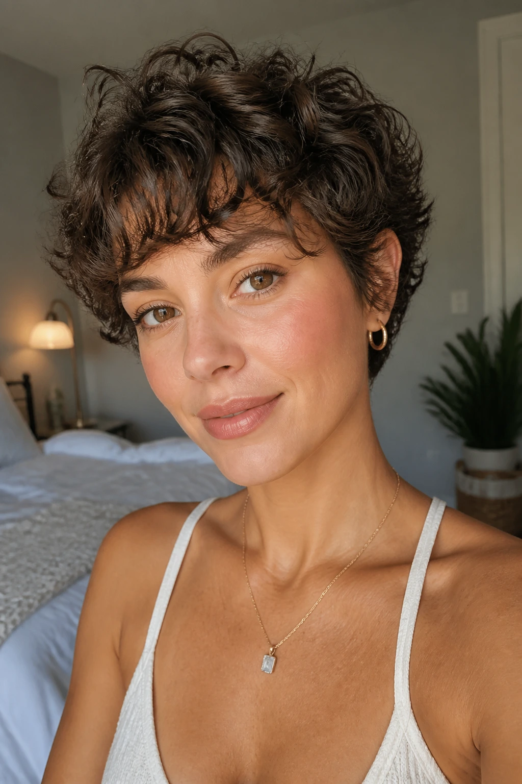 Close-up of a real woman with curly pixie and wispy bangs.