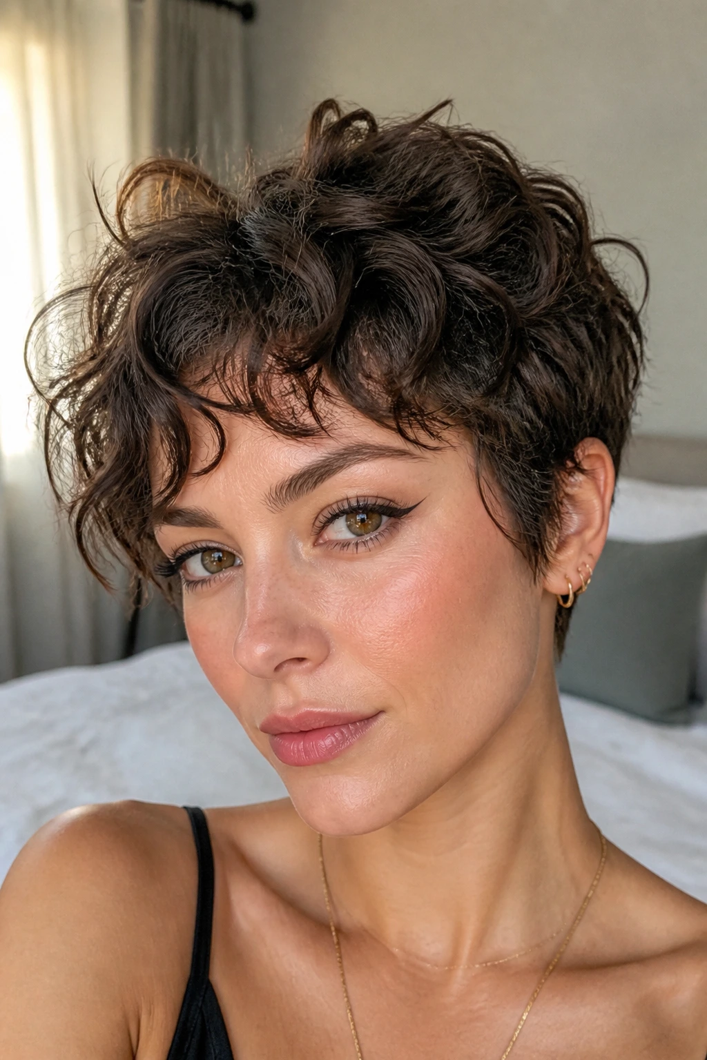 Close-up portrait of a woman with curly pixie cut and wispy layers in natural window light
