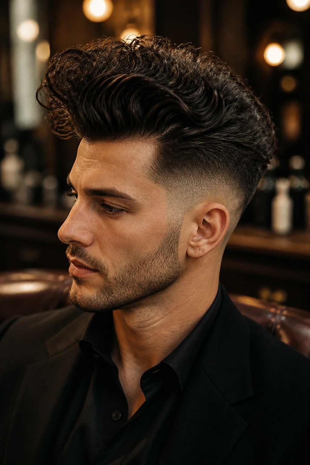 Man with curly pompadour in an amber-lit lounge