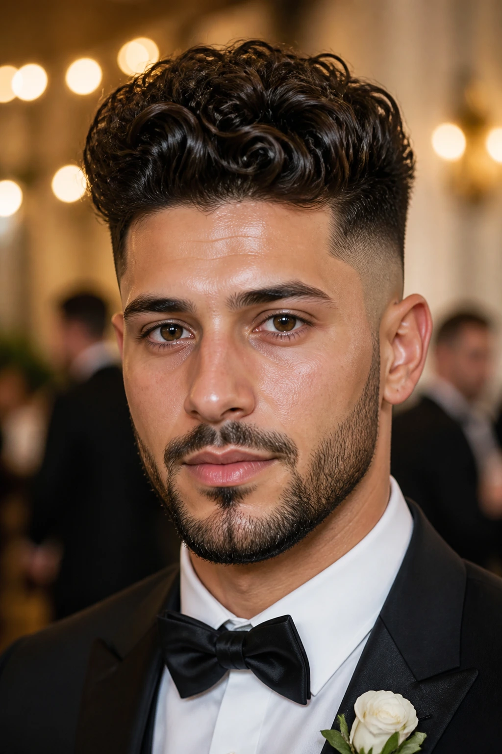 Close-up of a real man with a curly pompadour fade at a formal event