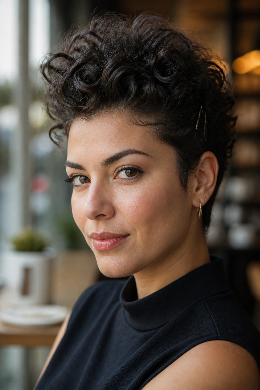 Close-up of a real woman with a high-volume curly pompadour in a cafe setting.