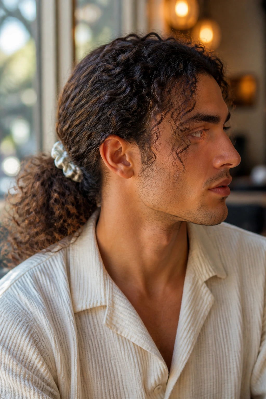 Close-up of a real man with a low curly ponytail at the nape with silk scrunchie