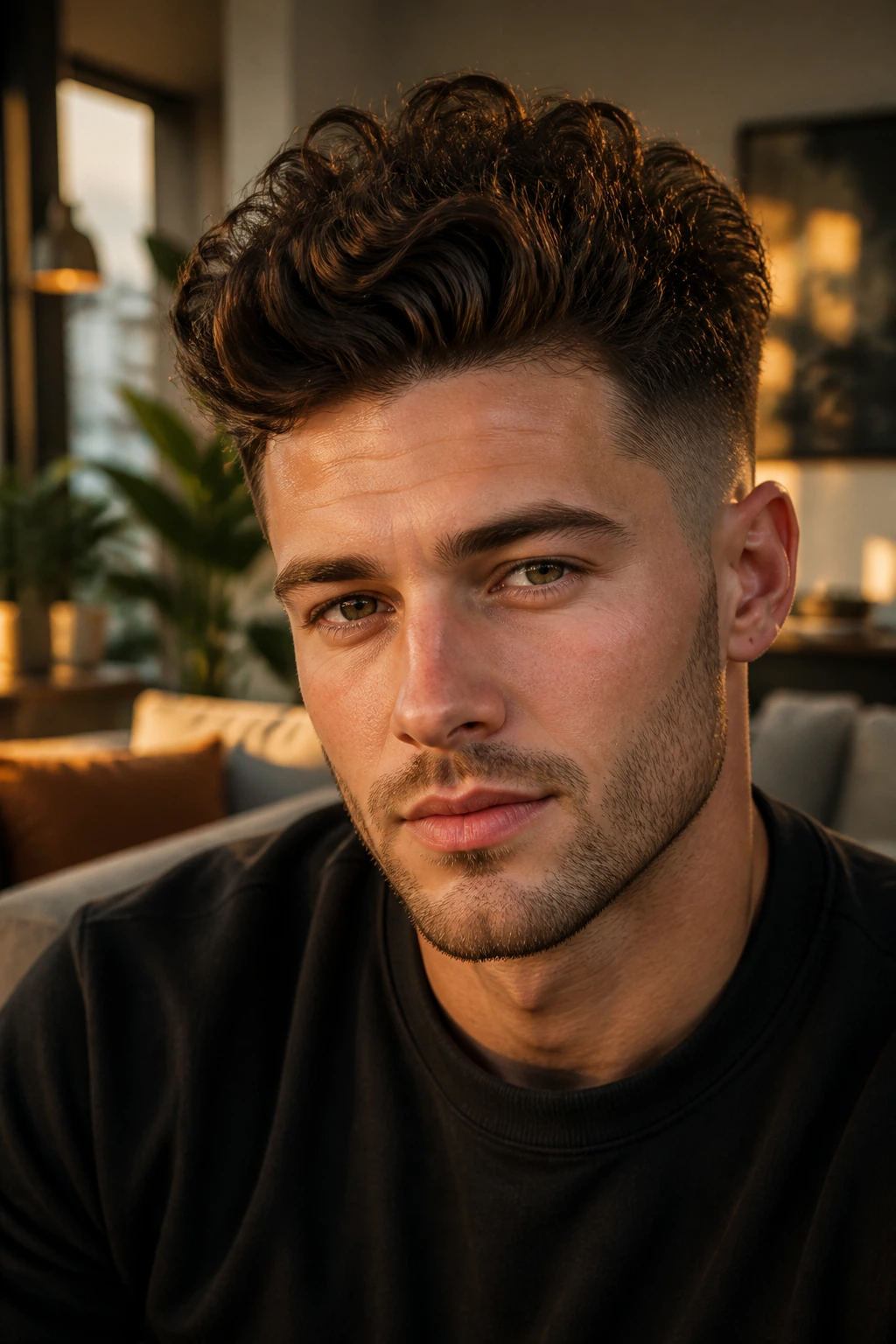 Man with curly quiff hairstyle in warm living room setting.