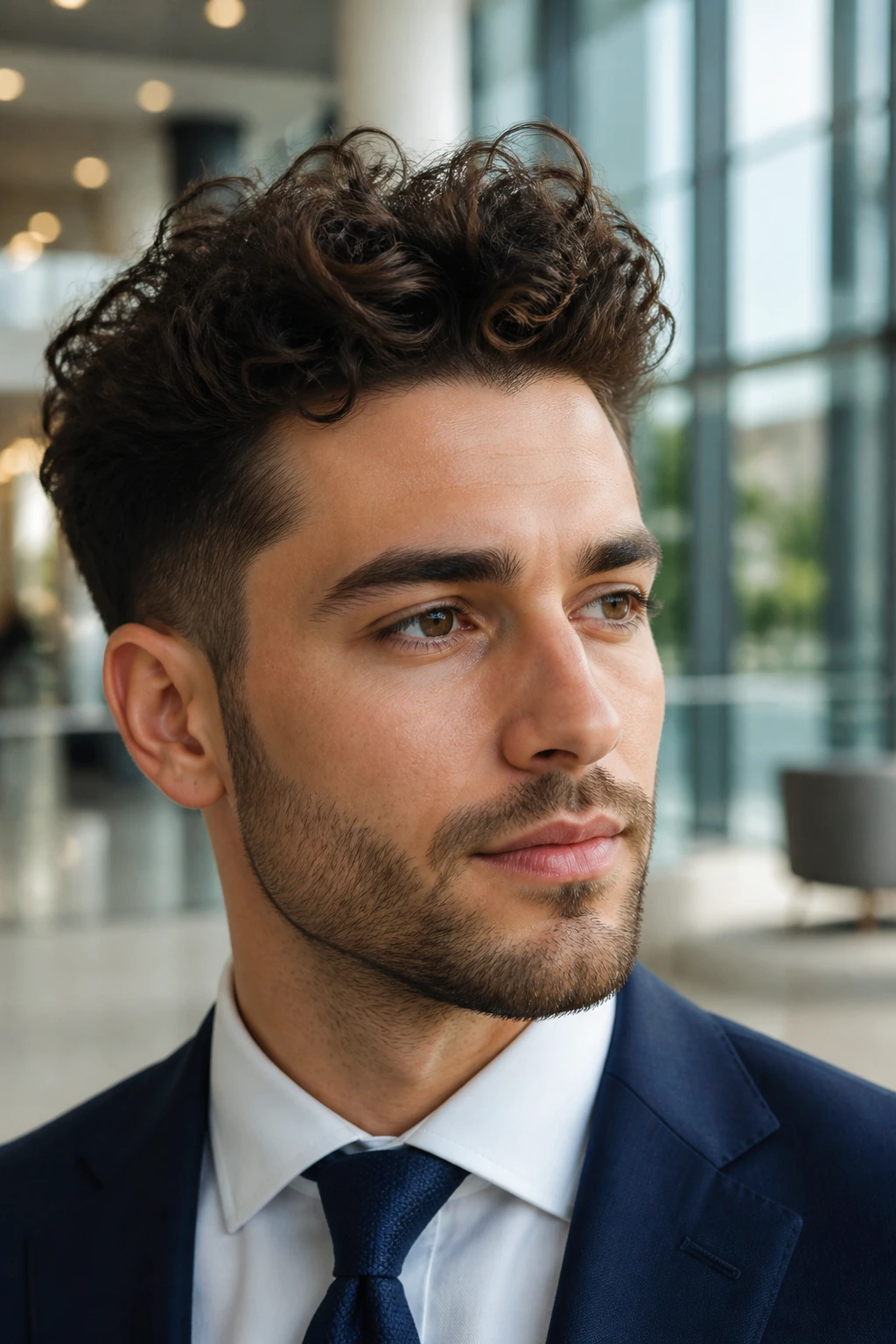 Portrait of a real person with a curly quiff in an office lobby