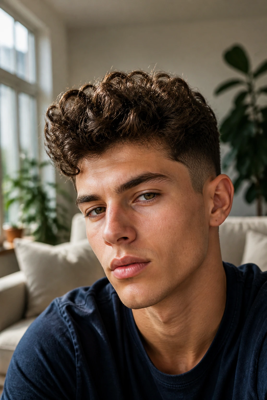 Close-up portrait of a real person with curly top quiff in a cozy indoor setting.