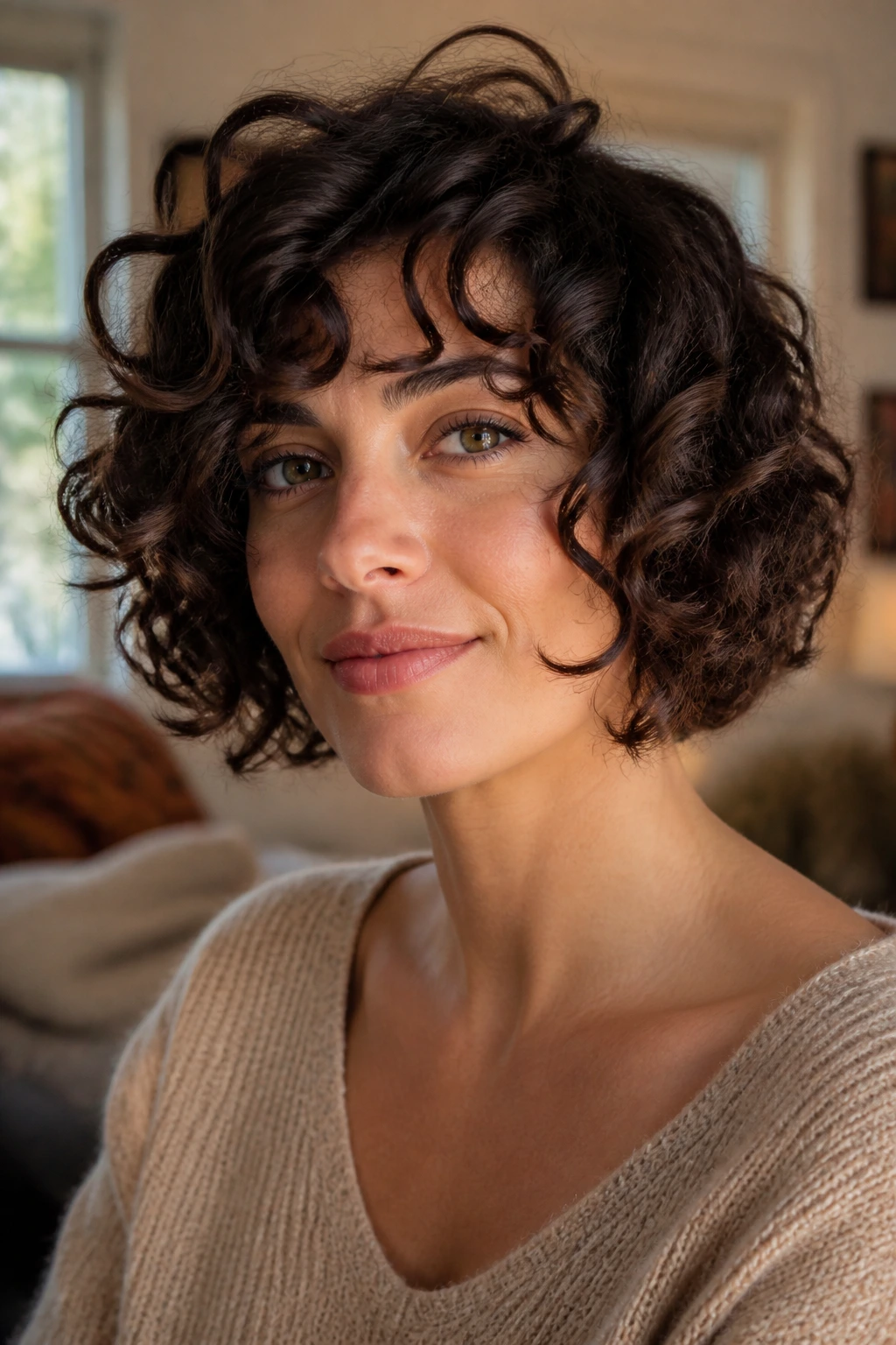 Close-up portrait of a real woman with curly razor-cut bob, curls framing her face in warm daylight.