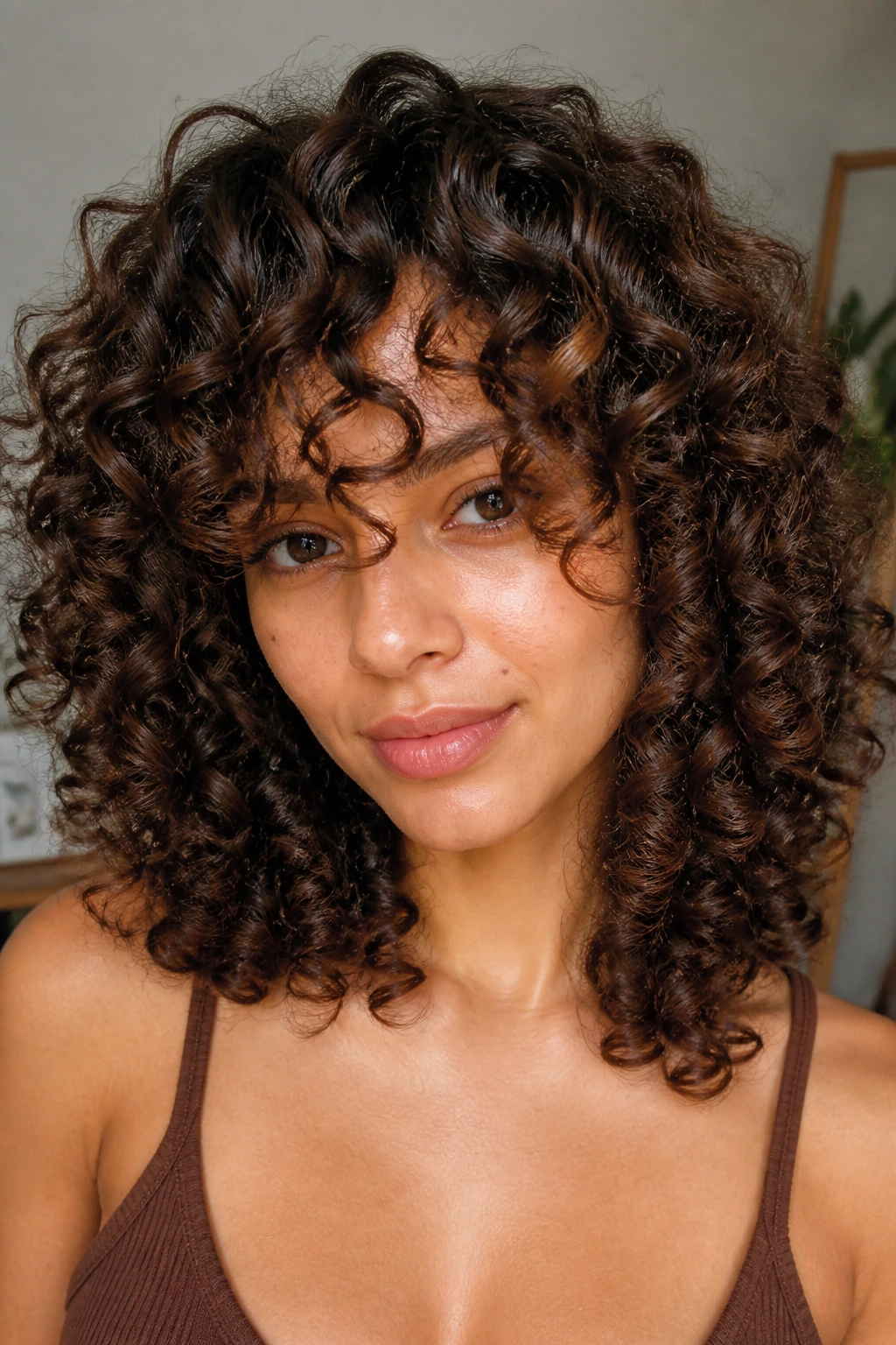 Close-up of a real person with curly ringlet bangs resting near the nose in soft indoor light