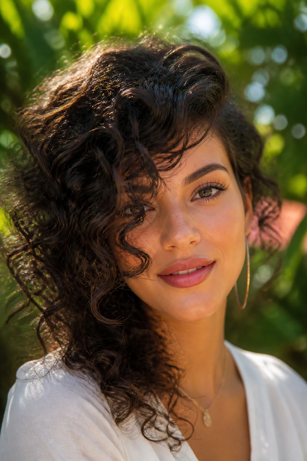 Close-up portrait of a real woman with Curly Cascading Side-Swept Ringlets across the forehead