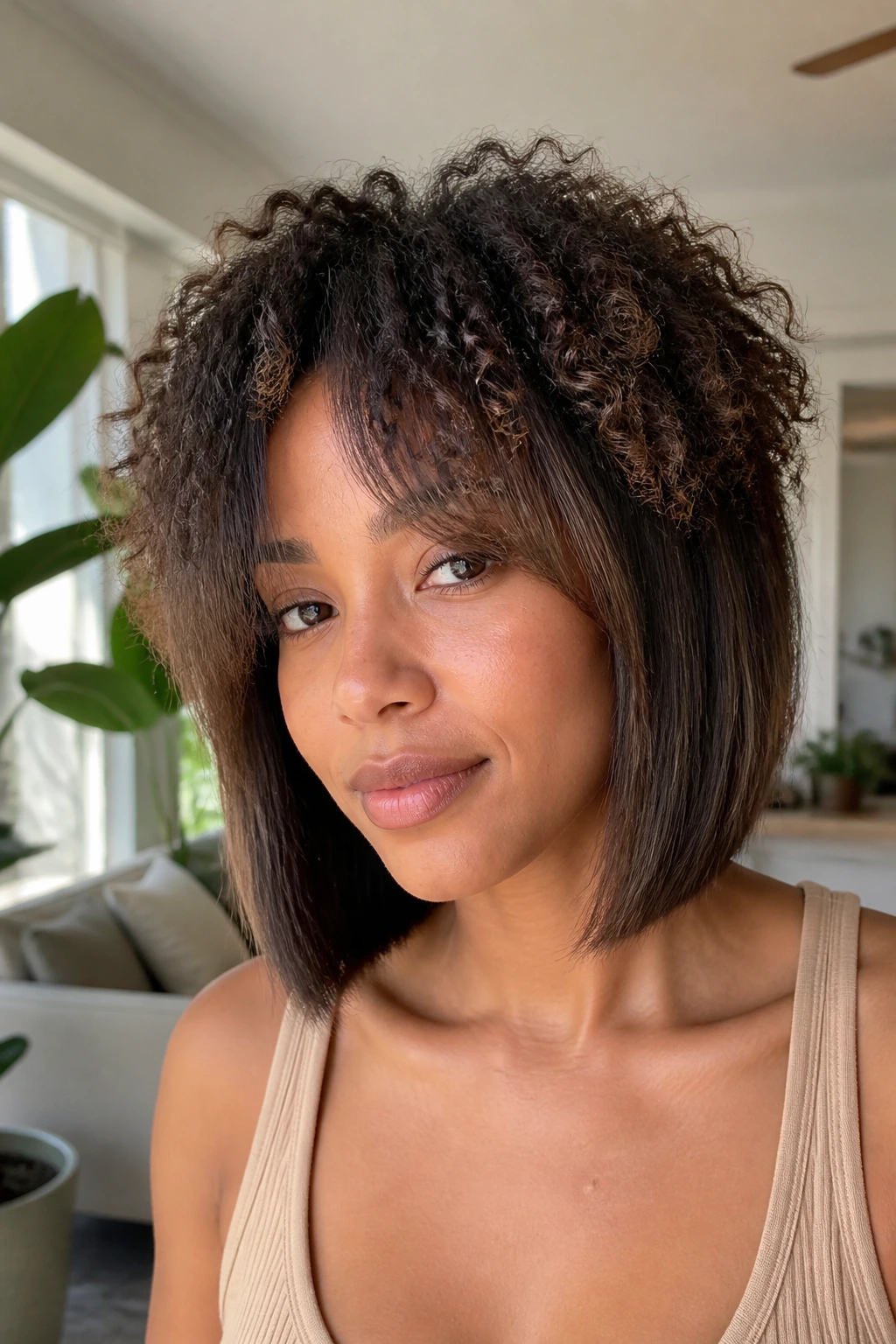 Curly-root straight-ends bob with smooth curtain bangs on a real woman