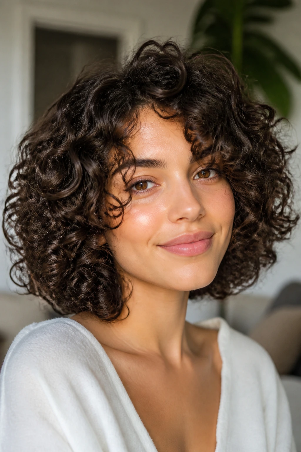 Portrait of a woman with curly, rounded lob forming a halo around the face
