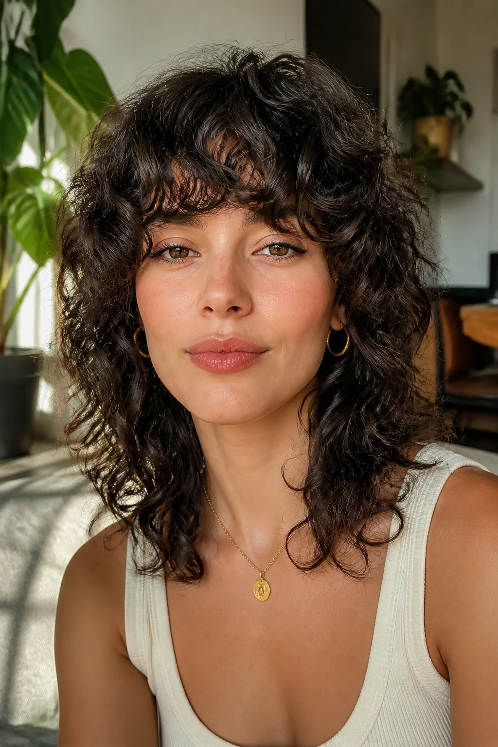 Portrait of a real woman with curly shag and curly bangs