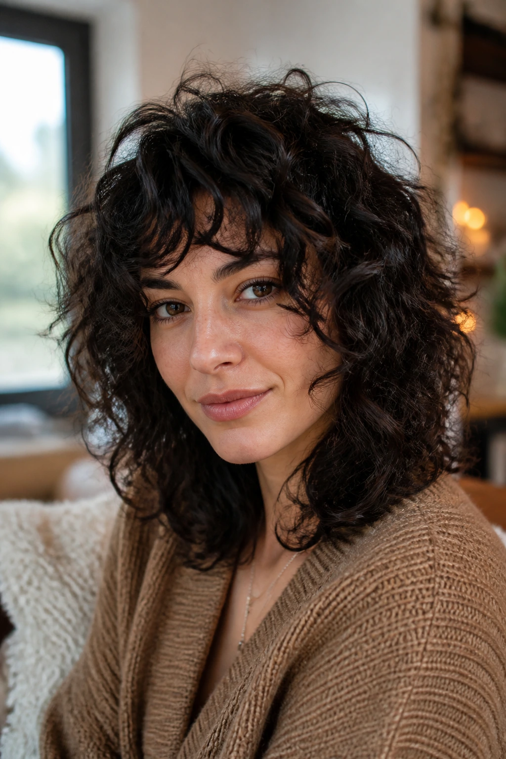 Close-up of a real woman with Curly Shag Choppy Bangs, shaggy layered curls framing the face.