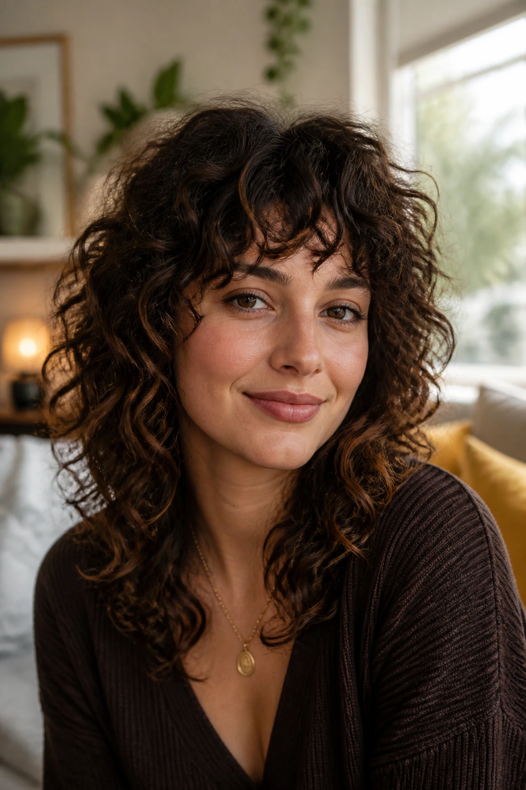Portrait of a real person with curly shag and bangs in warm indoor light.