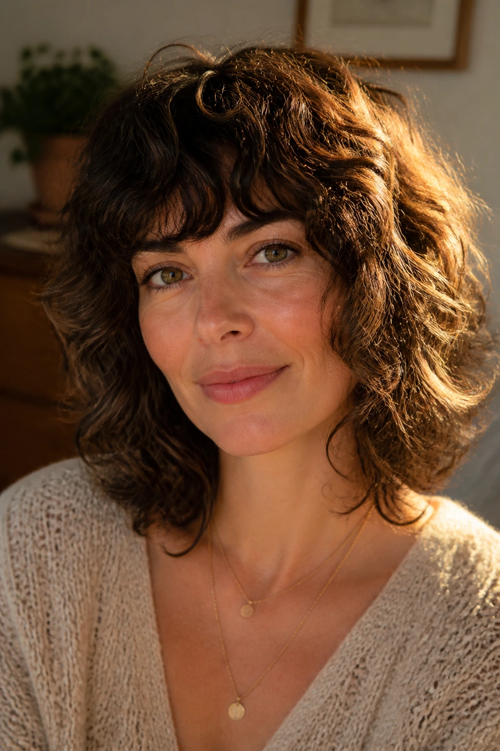 Close-up portrait of a real person with curly shag and bangs