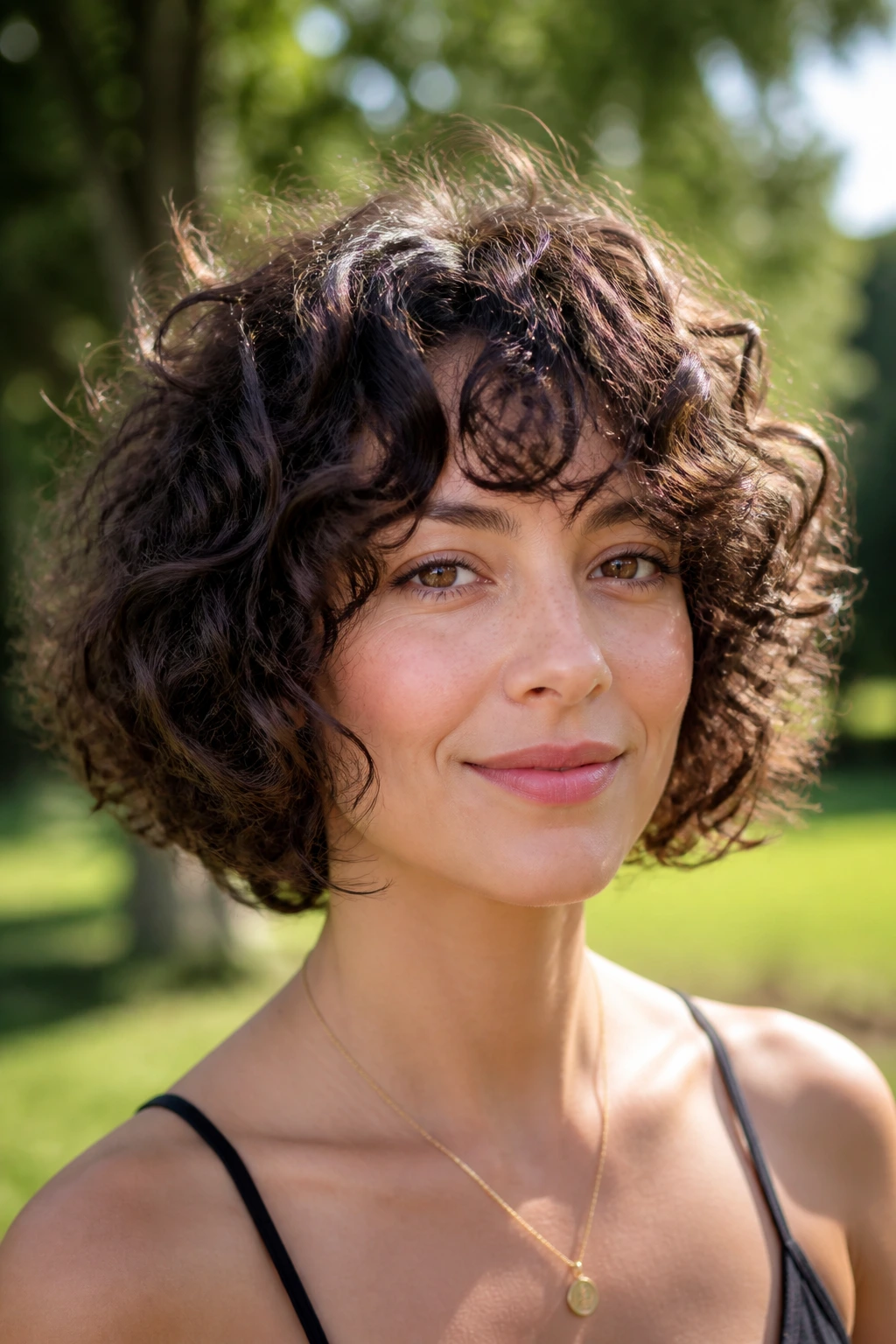 Close-up of a real woman with chin-length curly shag in a sunny park setting