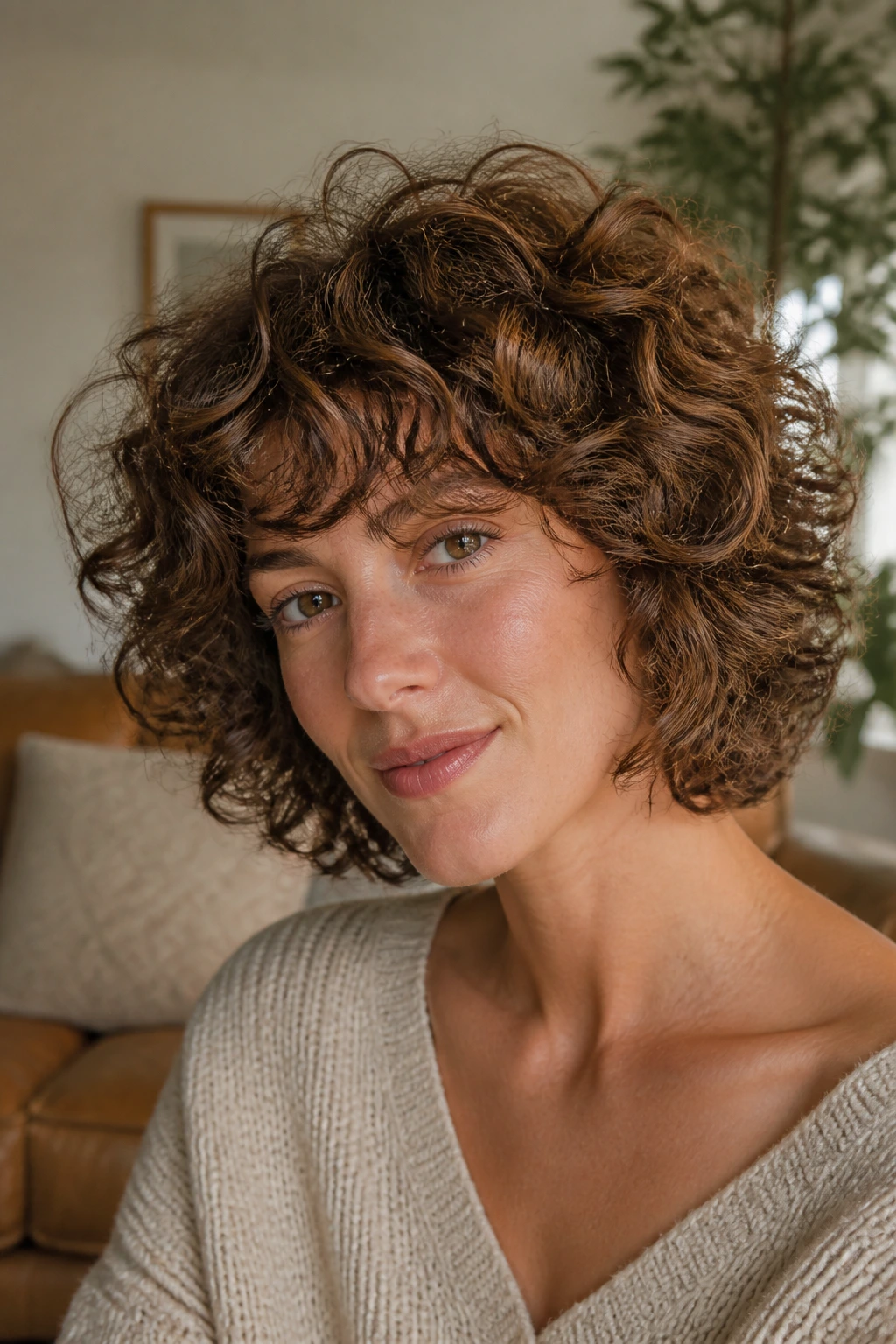 Close-up of a real woman with a curly shag bob