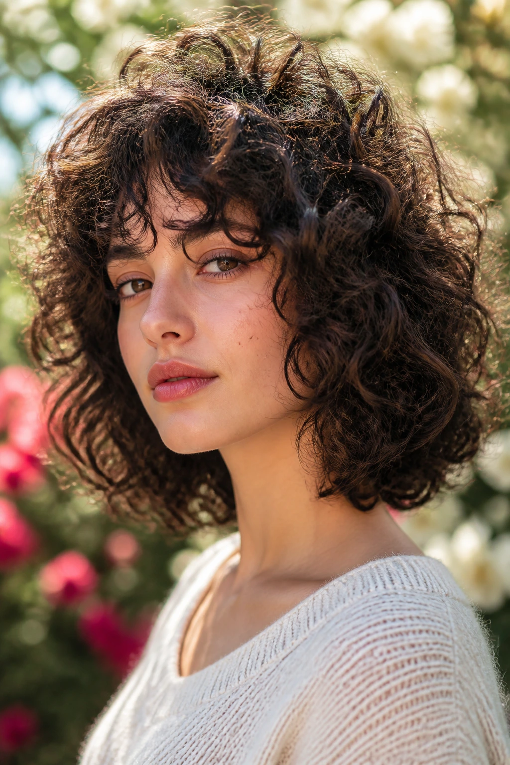 Close-up of curly shag bob with voluminous curls outdoors