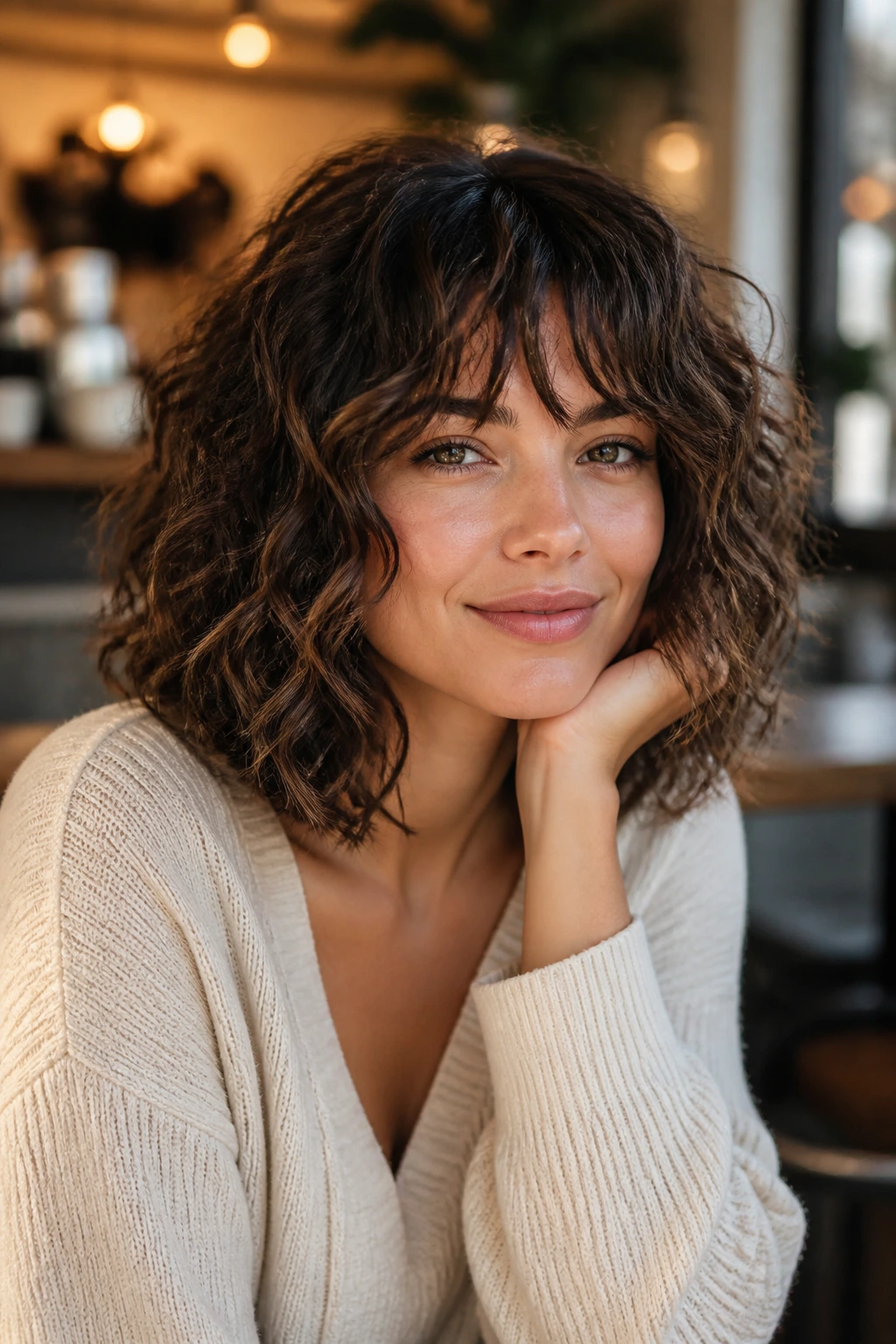 Close-up portrait of a real woman with shoulder-grazing shag bob and face-framing bangs