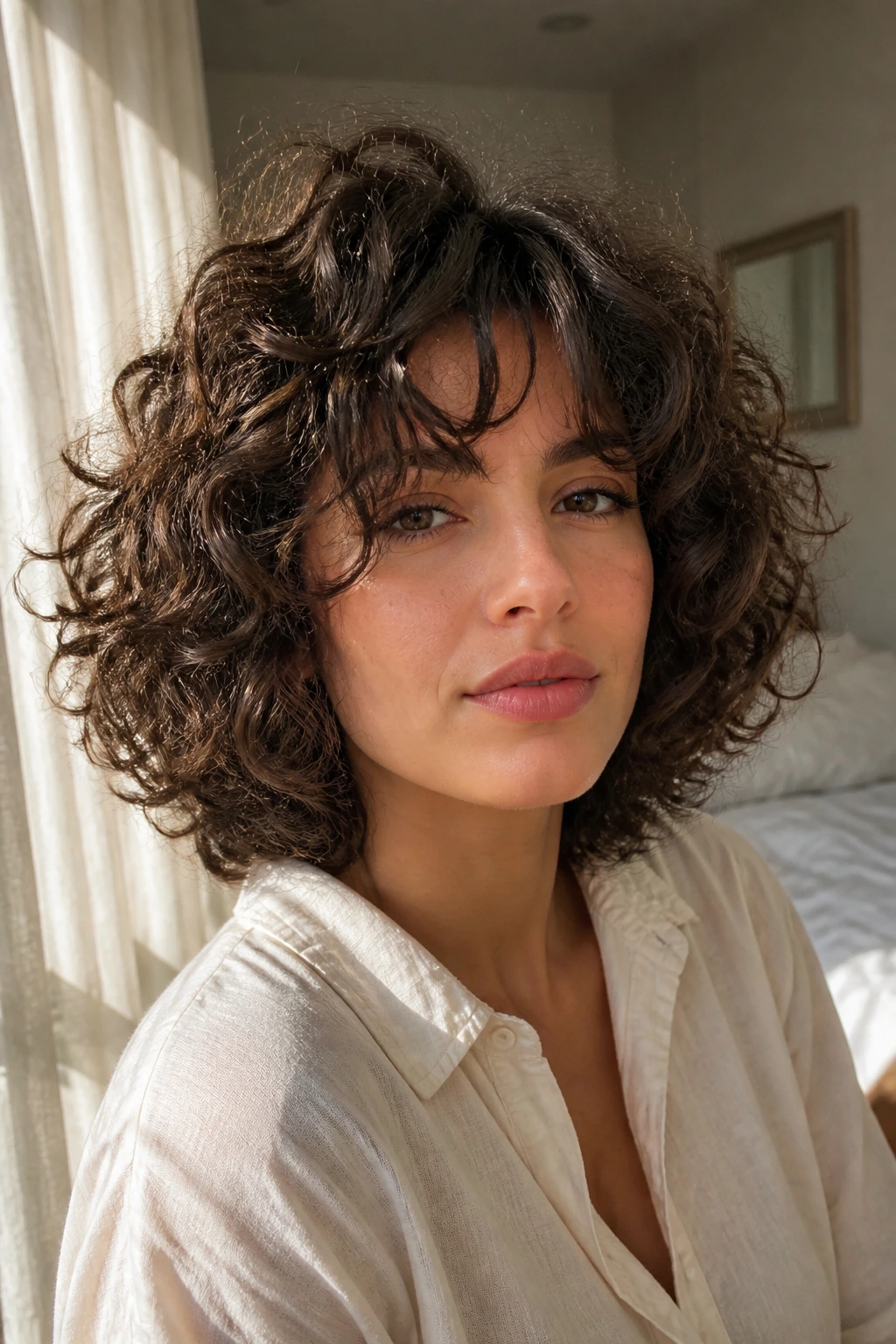 Close-up of a real woman with curly shag bob and curtain bangs