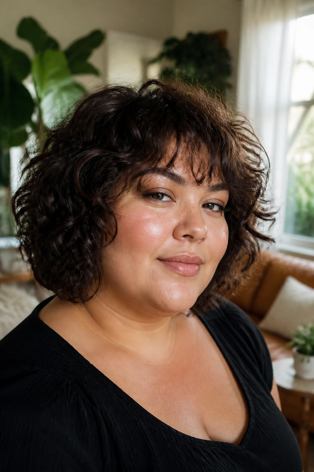 Close-up of a woman with curly shag bob in a cozy living room