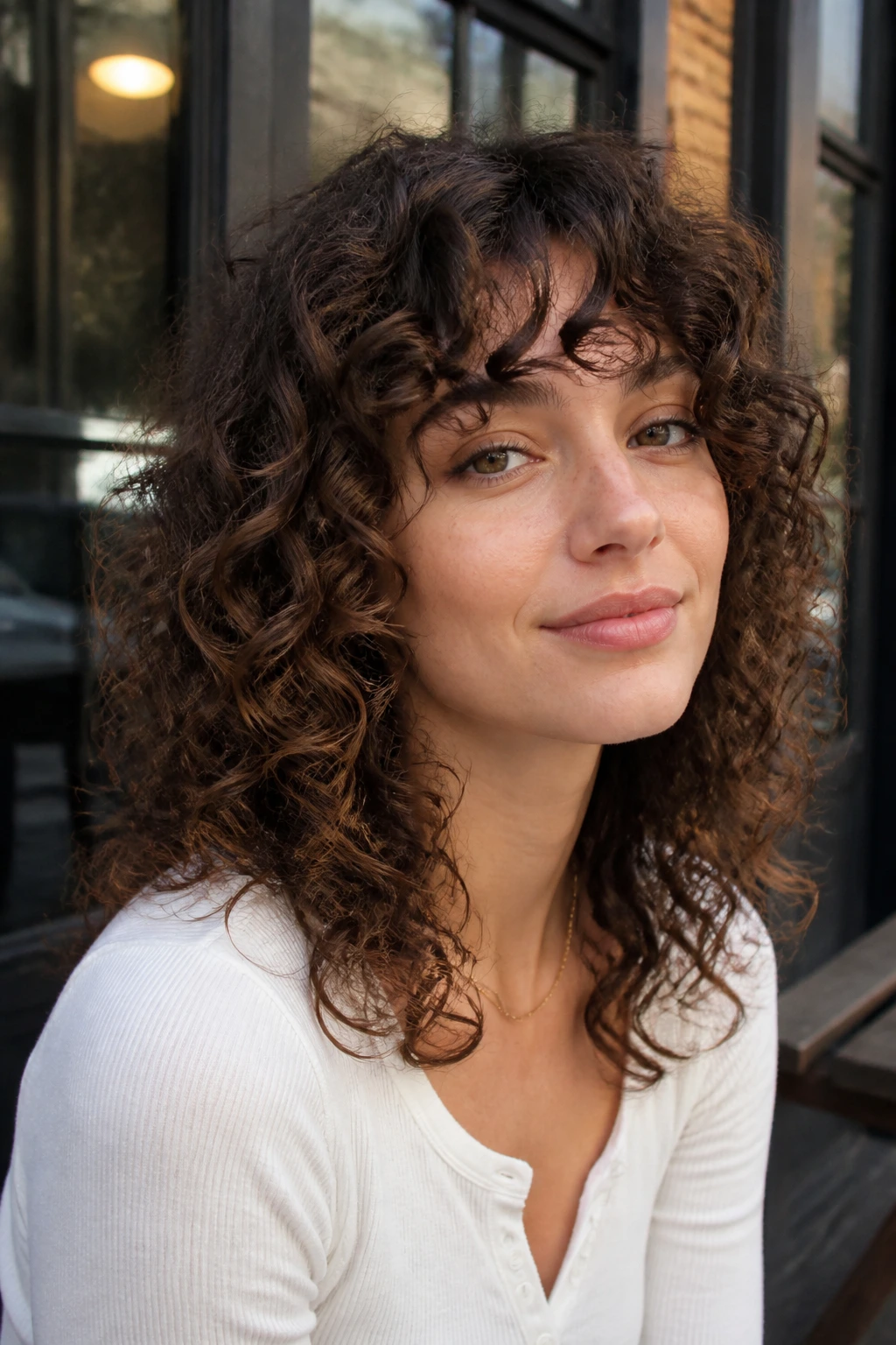 Close-up of a real person with curly shag and bottle bangs in daylight