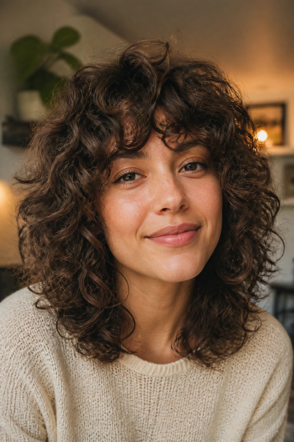 Close-up of a real woman with curly hair and bottleneck bangs in a cozy living room