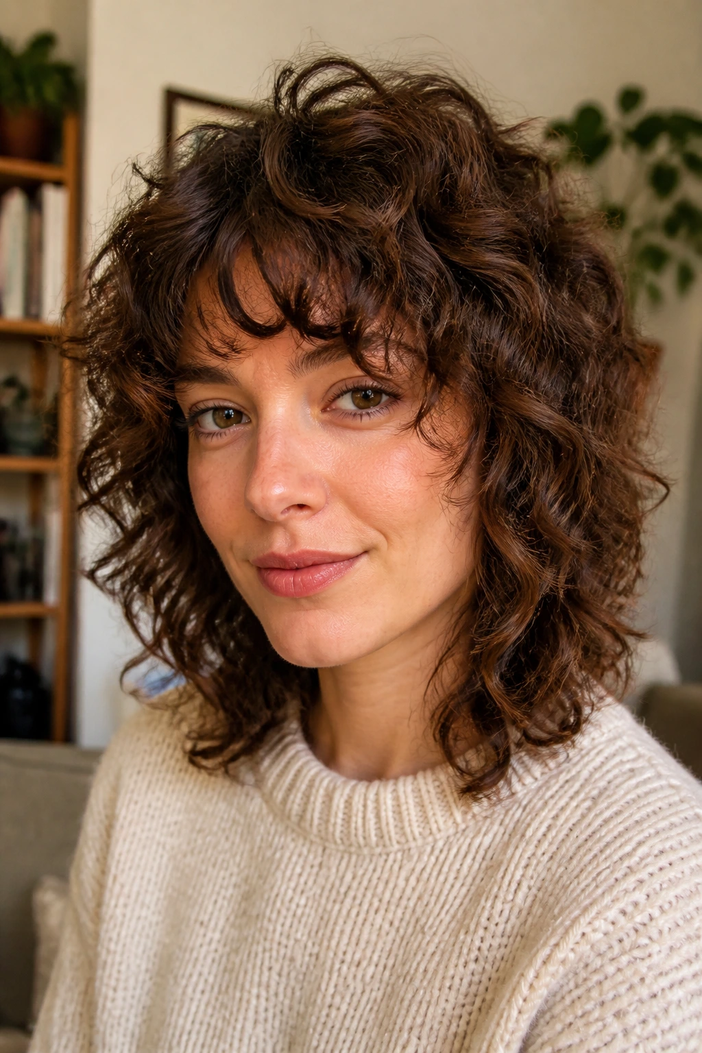 Close-up of curly shag with bottleneck bangs on a real person
