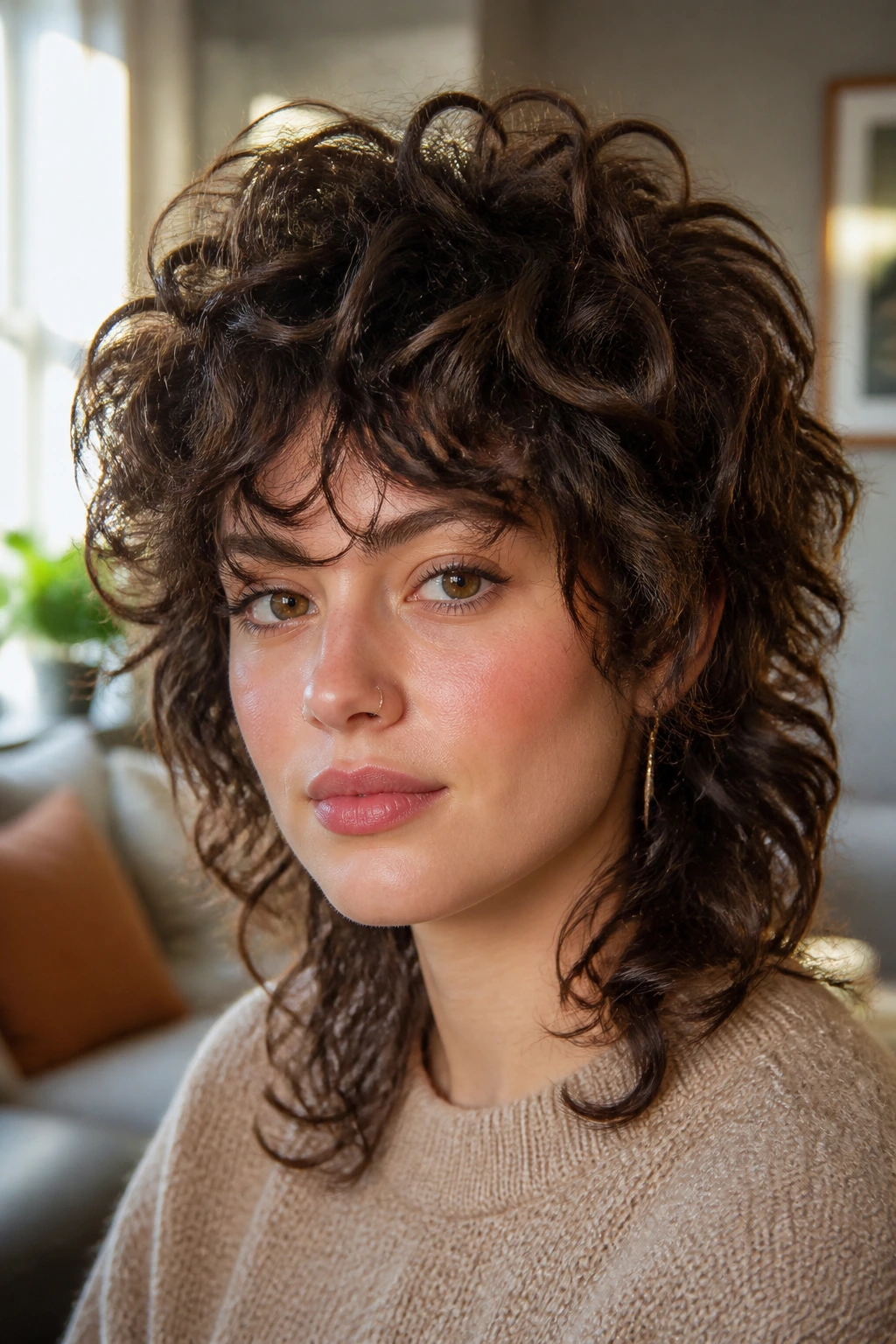 Close-up portrait of a woman with curly shag and crown volume in natural light