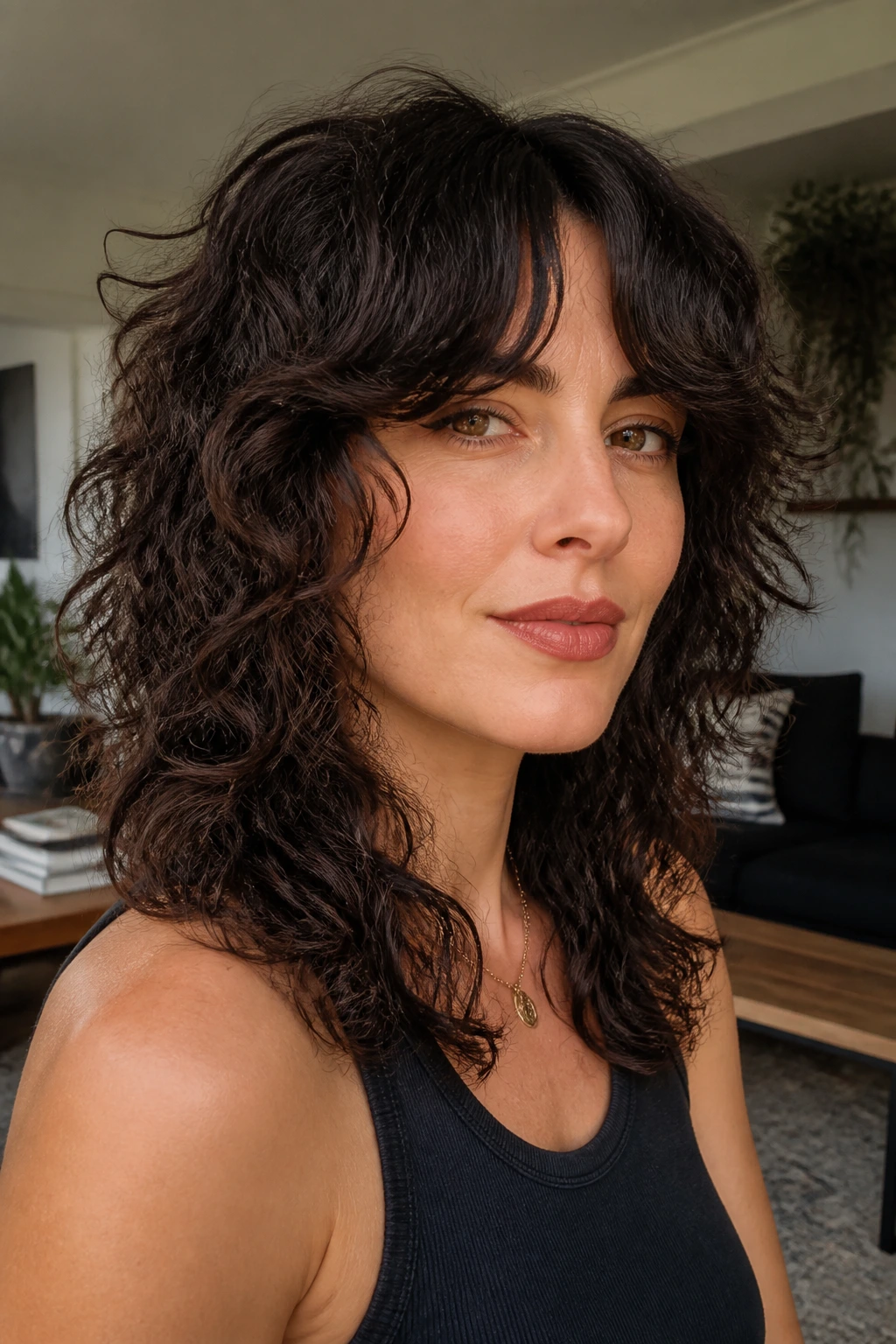 Close-up of a real woman with curly shag and curtain bangs