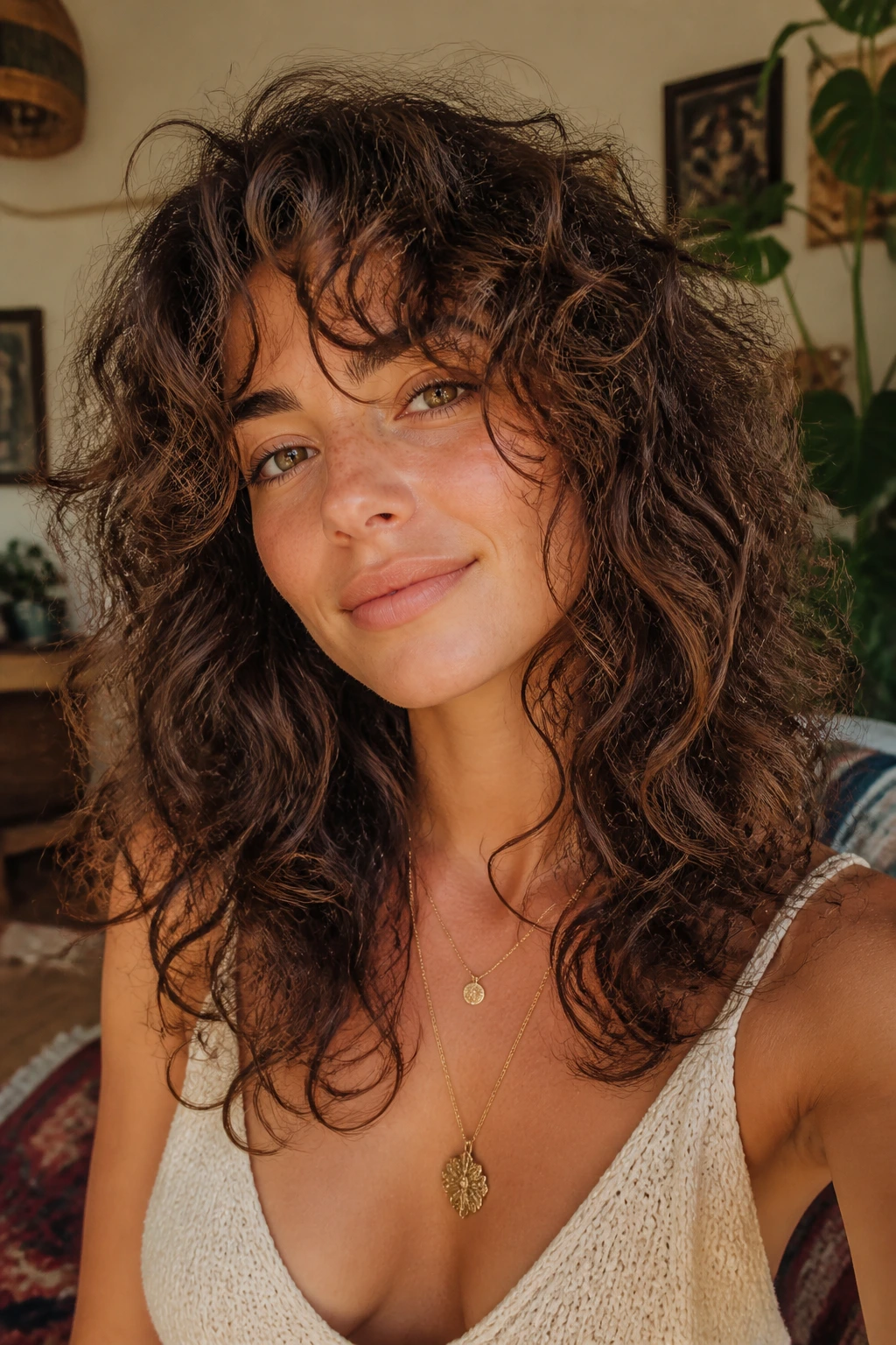 Close-up of a woman with curly shag and curtain bangs in a cozy living room
