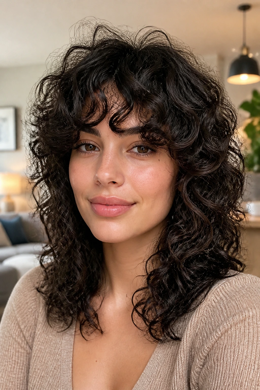Real woman with curly shag haircut and curtain bangs framing her face