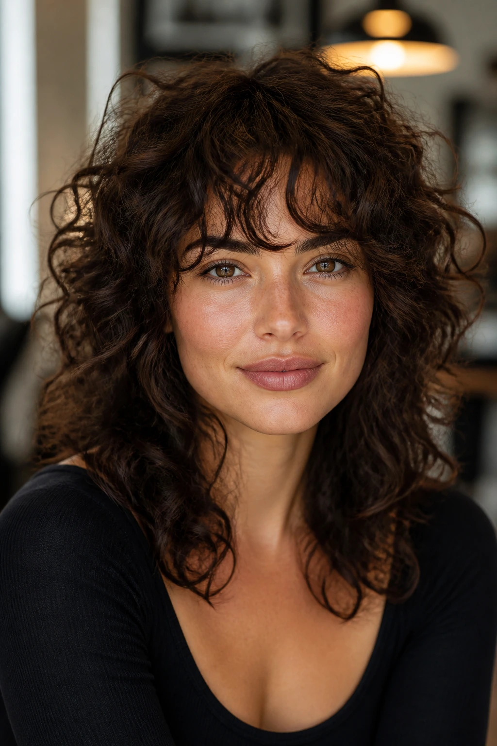 Close-up of a real woman with curly brunette shag fringe on natural ringlets in warm window light