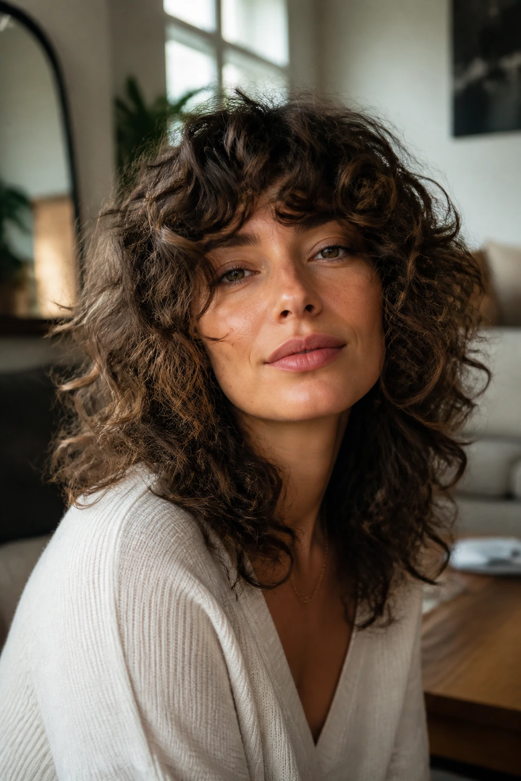 Close-up portrait of a real woman with curly shag and internal layers, natural curls and volume.