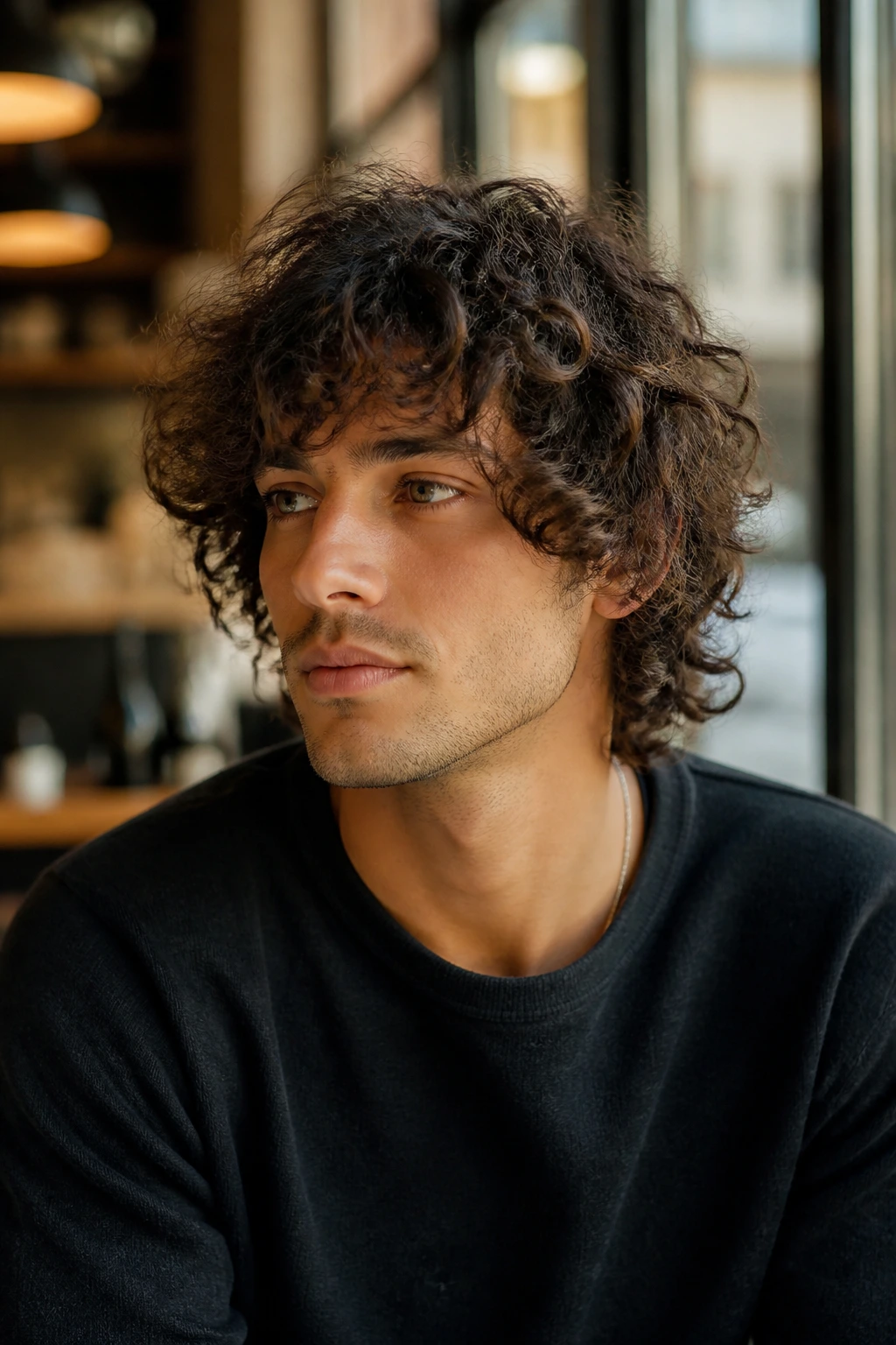 Man with classic curly shag haircut in a cafe setting