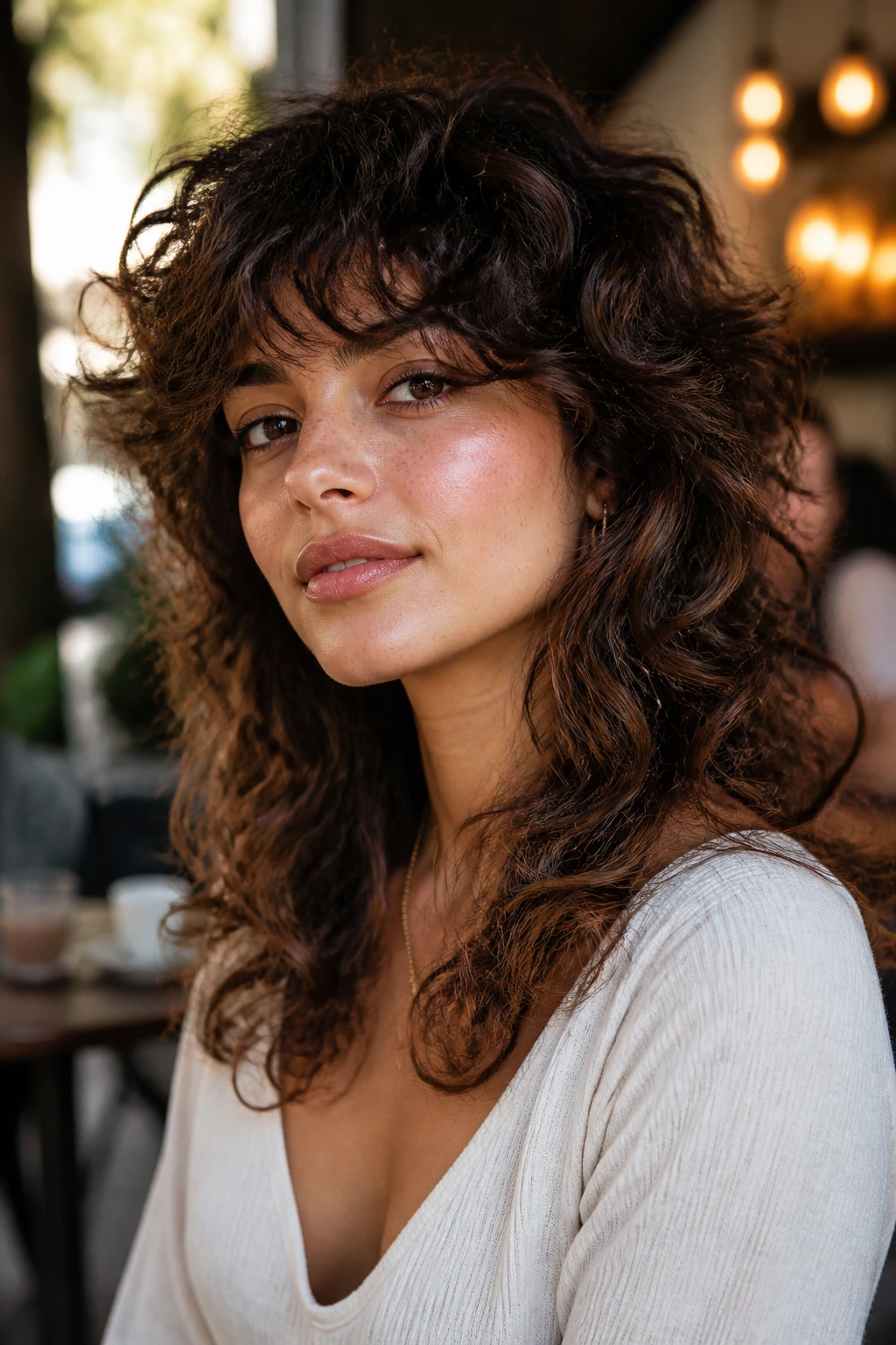 Close-up portrait of a real person with layered curly shag hairstyle.