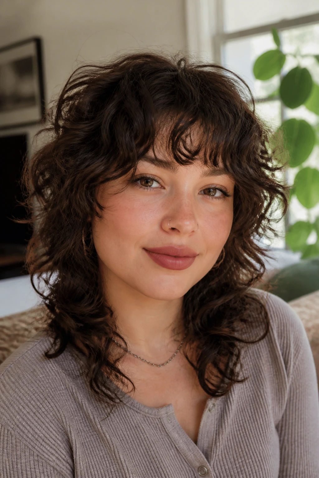 Real woman with curly shag and bottleneck bangs surrounded by cozy indoor light.