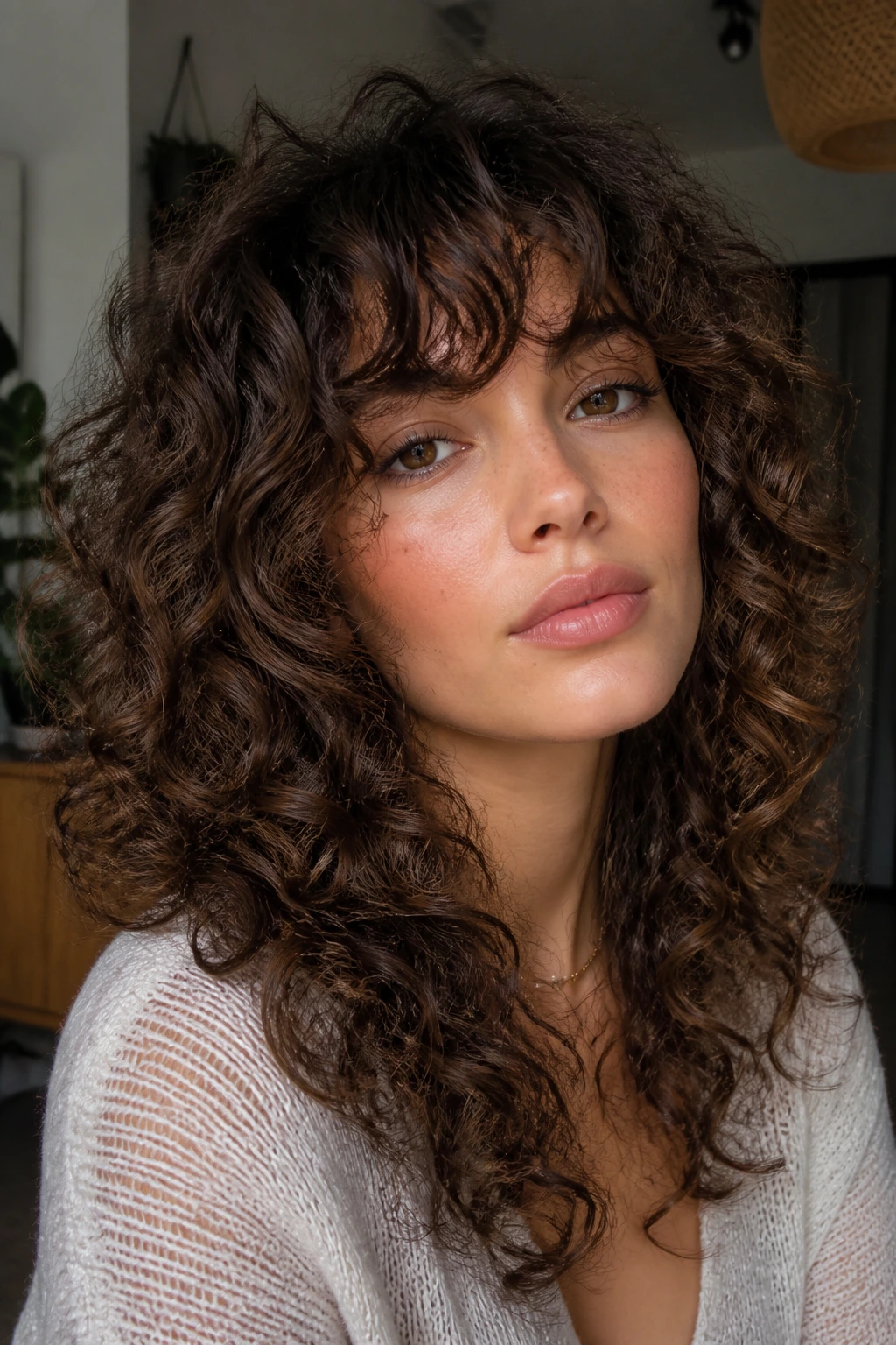 Close-up of a real woman with curly shag and feathered ringlets in soft light