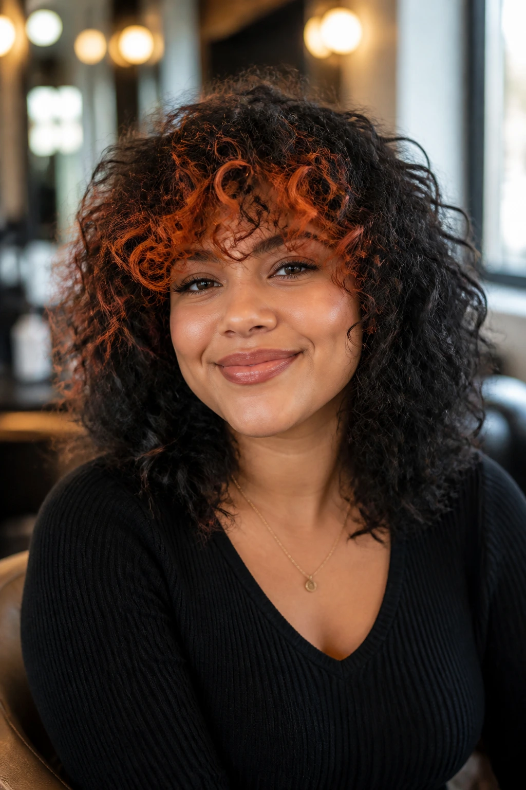 Close-up of a real woman with curly shag and rust ringlet fringe in warm salon light