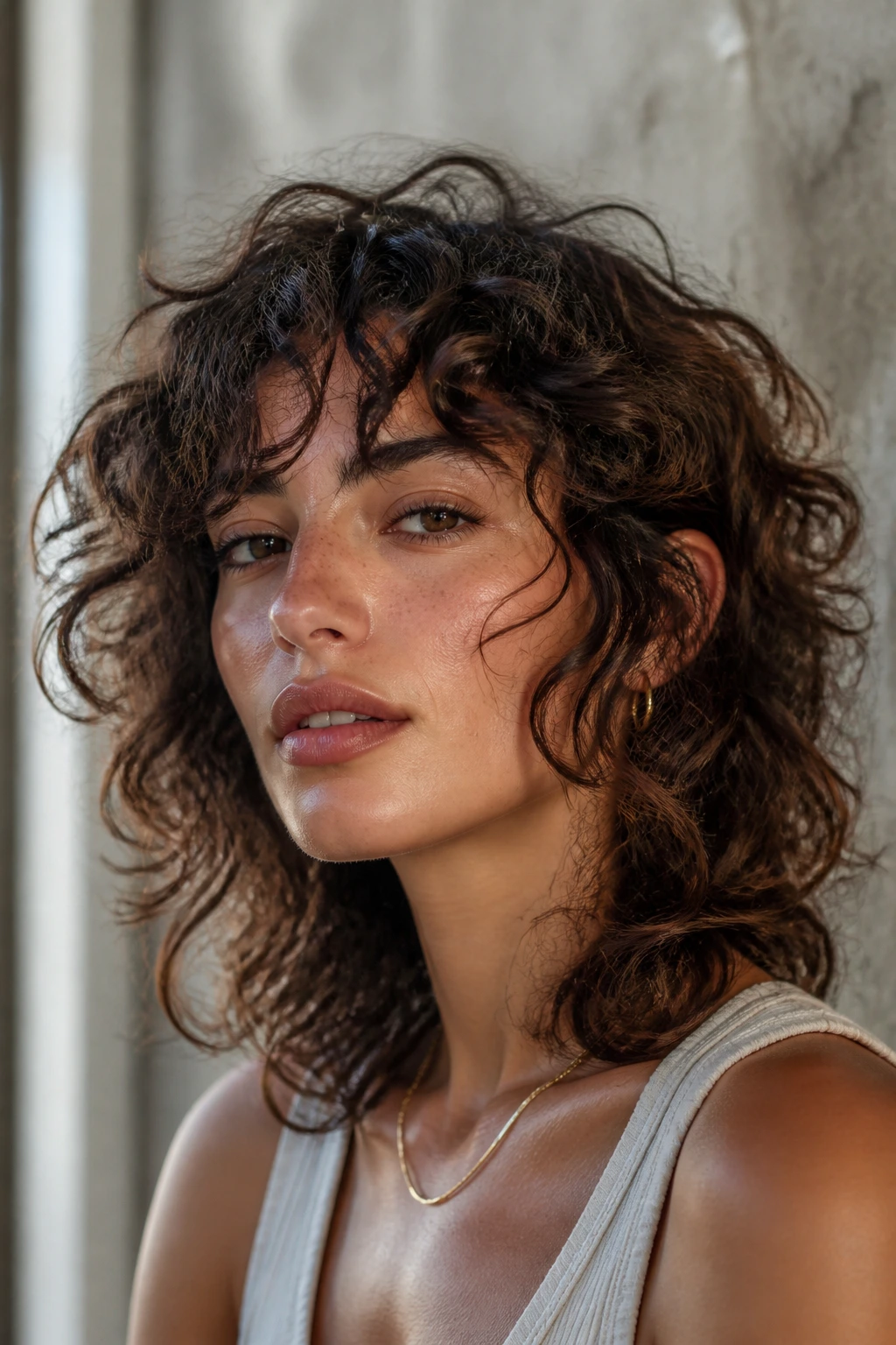 Close-up portrait of a woman with curly shag hairstyle.