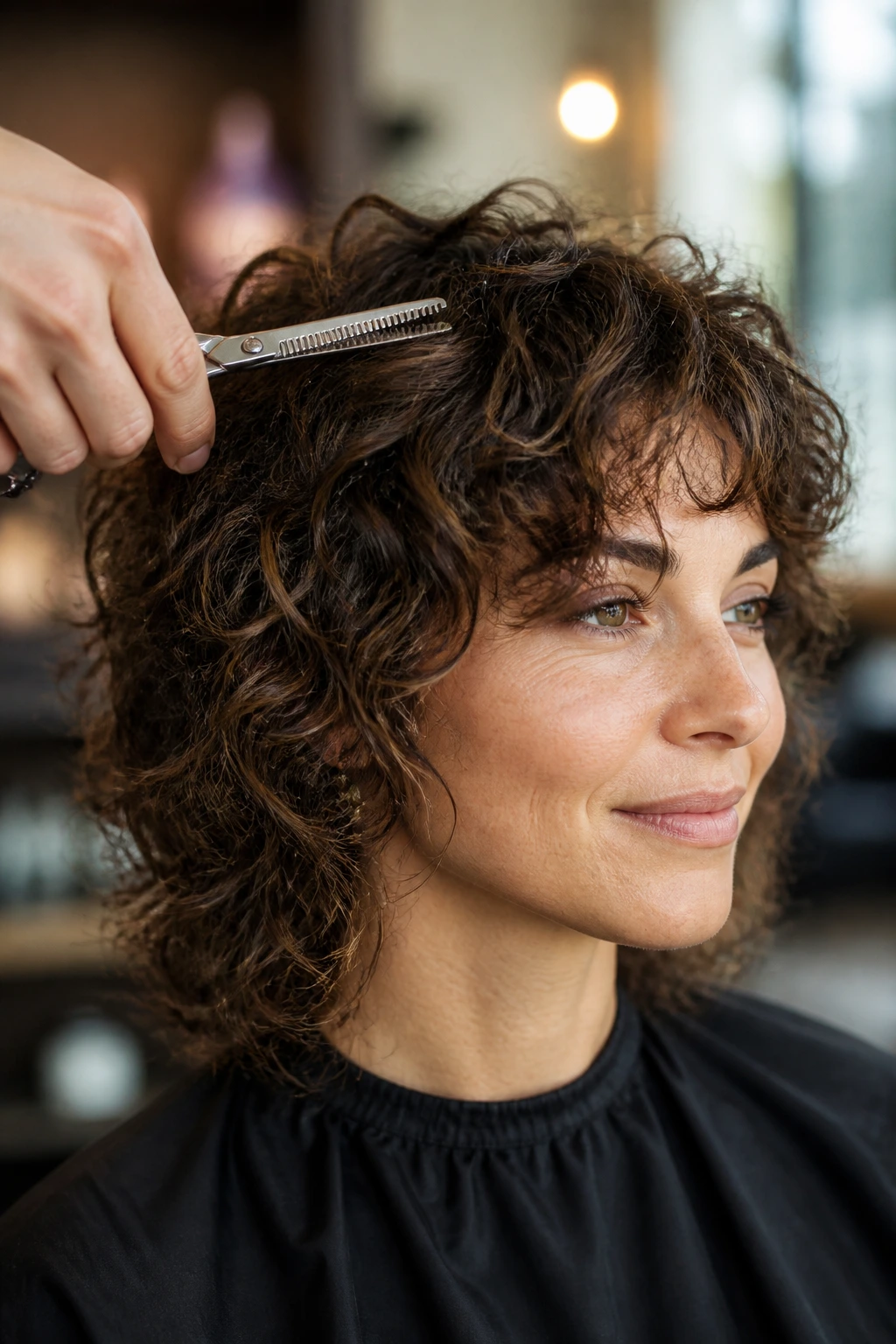 Portrait of a real woman with curly shag haircut and root thinning effect.