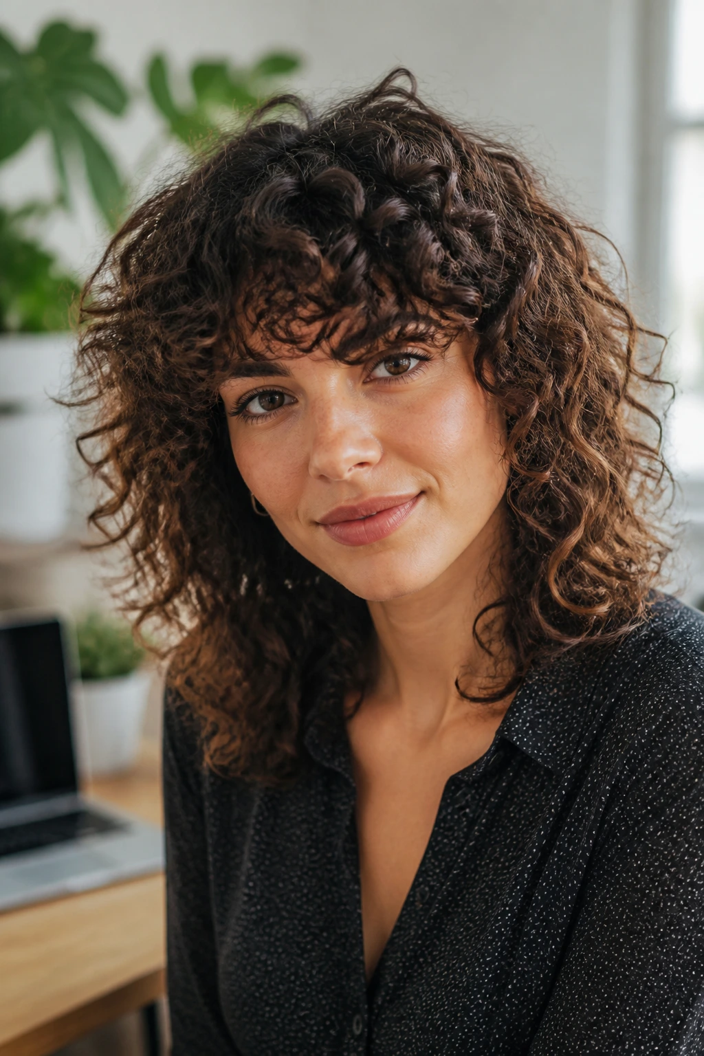 Close-up of a woman with curly shag and voluminous bangs in bright office