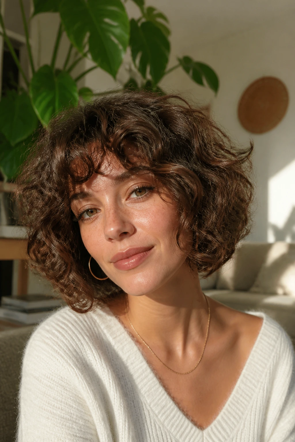 Close-up of real woman with curly shaggy bob