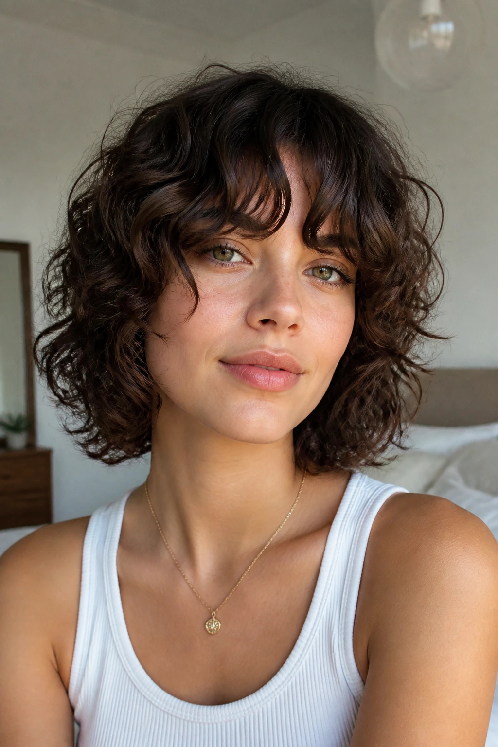 Close-up of a curly shaggy bob with bottleneck bangs on a real person